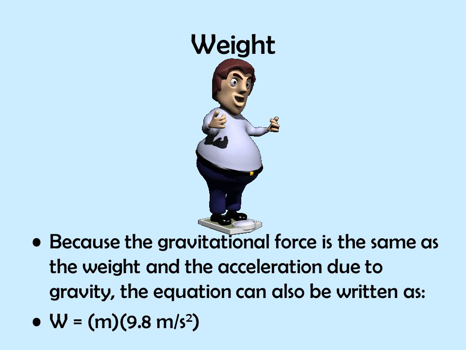 Weight Because the gravitational force is the same as the weight and the acceleration due to gravity, the equation can also be written as: