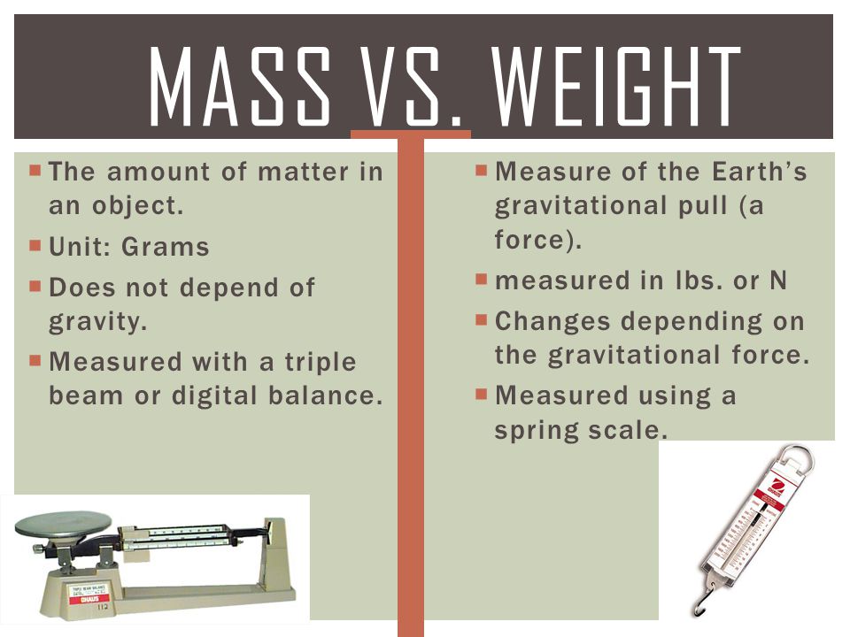 Mass vs. Weight The amount of matter in an object. Unit: Grams