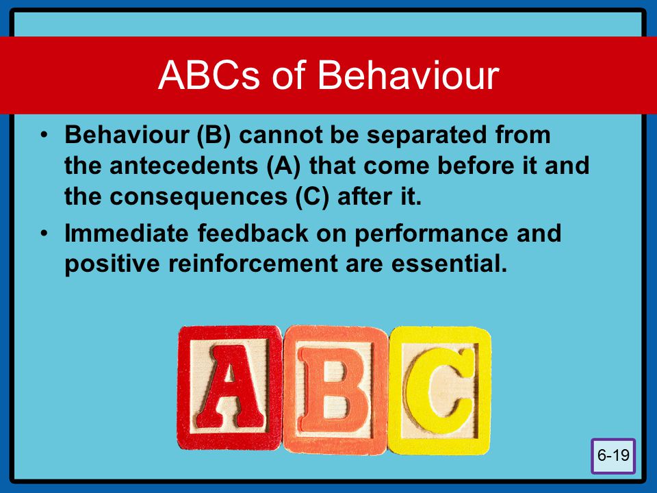 ABCs of Behaviour Behaviour (B) cannot be separated from the antecedents (A) that come before it and the consequences (C) after it.