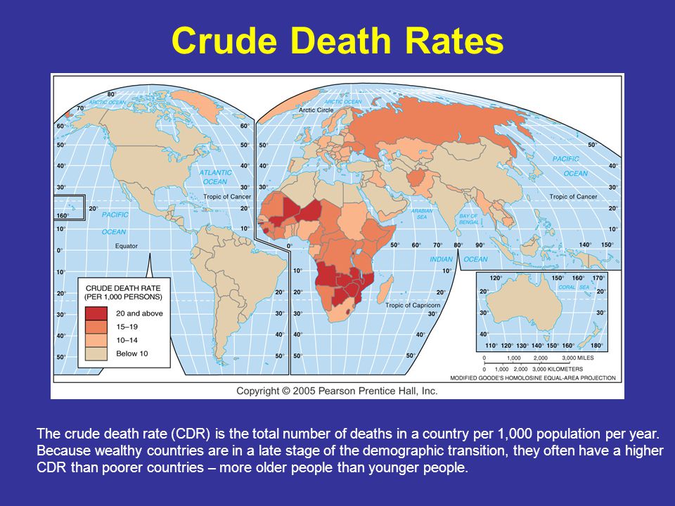 Crude Death Rates The crude death rate (CDR) is the total number of deaths in a country per 1,000 population per year.