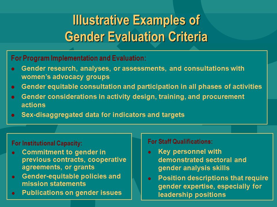 Illustrative Examples of Gender Evaluation Criteria
