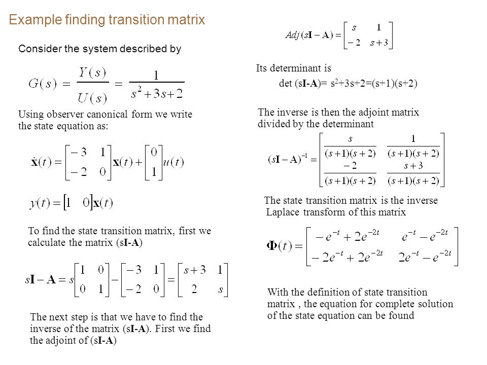 Find examples. Transition Matrix. Transition Matrix Formula. State Transition Matrix. Transition from Differential equations to Matrix equations.