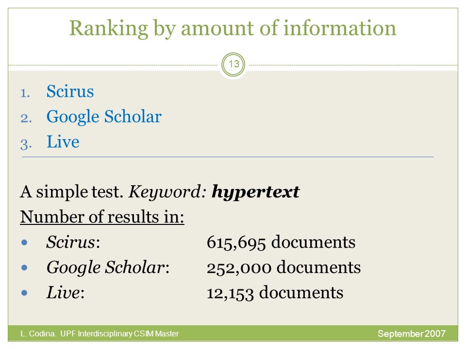 Ranking by amount of information