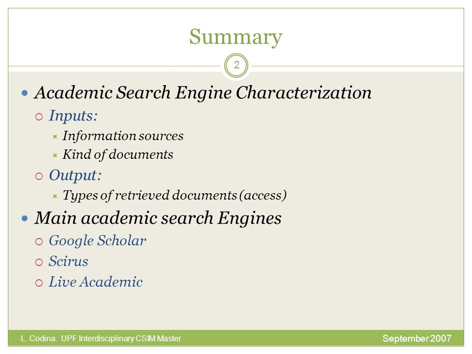 Summary Academic Search Engine Characterization