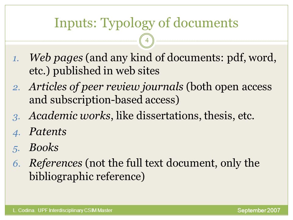 Inputs: Typology of documents