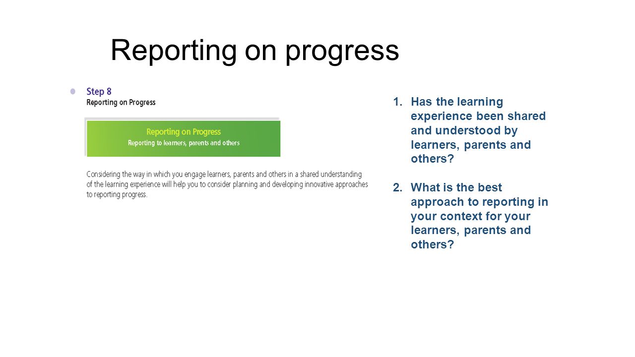 Reporting on progress Has the learning experience been shared and understood by learners, parents and others