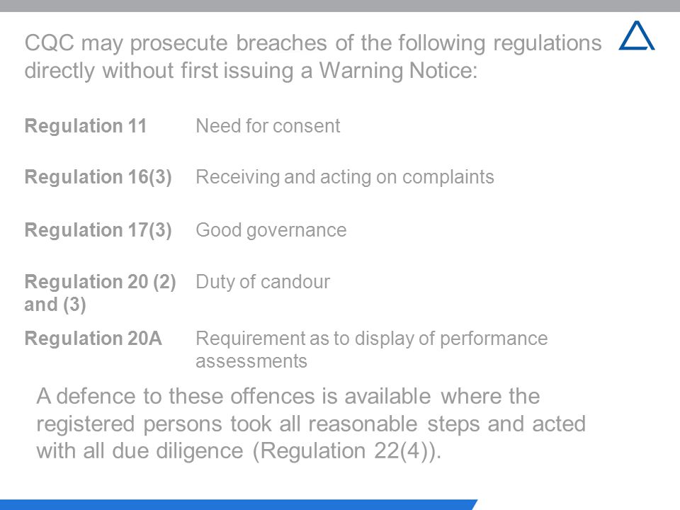 CQC may prosecute breaches of the following regulations directly without first issuing a Warning Notice: