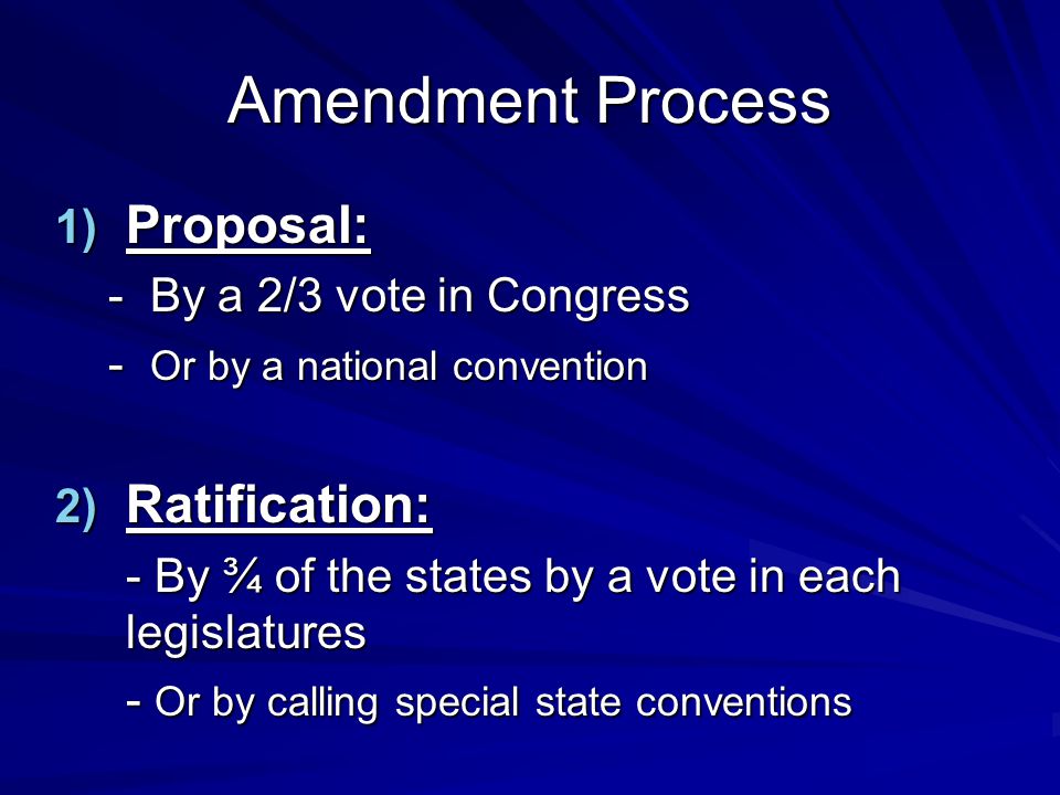 Amendment Process Proposal: Ratification: - By a 2/3 vote in Congress
