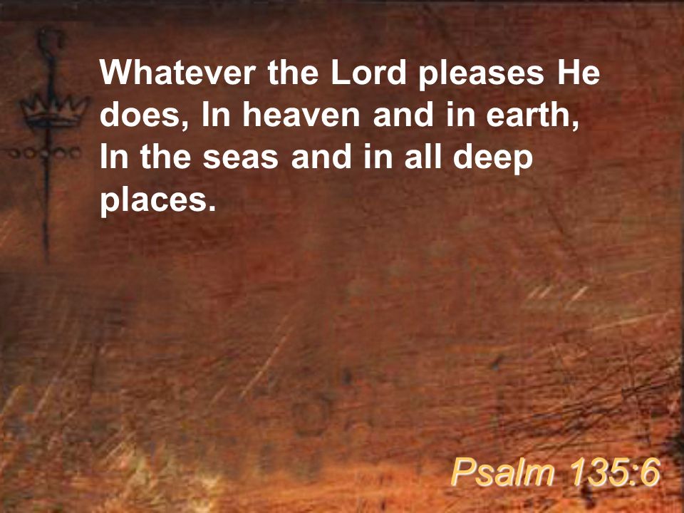 Whatever the Lord pleases He does, In heaven and in earth, In the seas and in all deep places.
