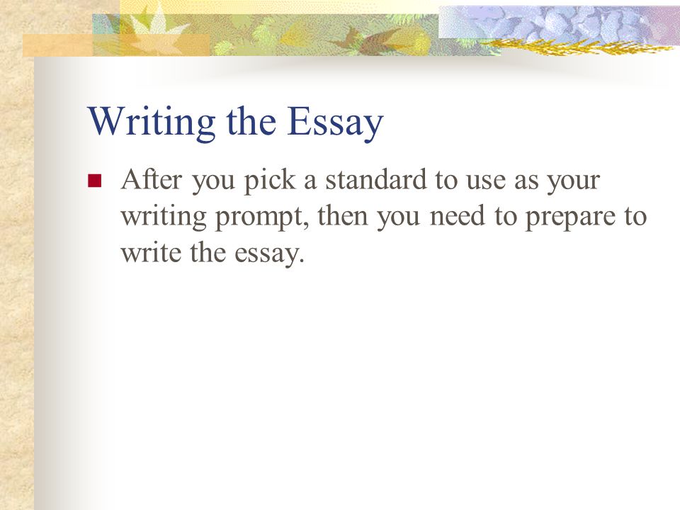 Writing the Essay After you pick a standard to use as your writing prompt, then you need to prepare to write the essay.