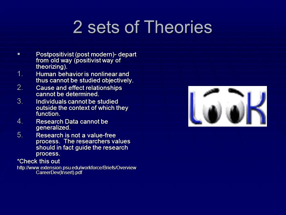 2 sets of Theories Postpositivist (post modern)- depart from old way (positivist way of theorizing).