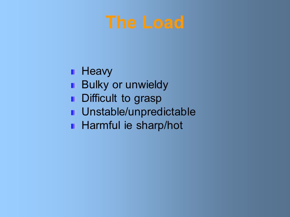 The Load Heavy Bulky or unwieldy Difficult to grasp