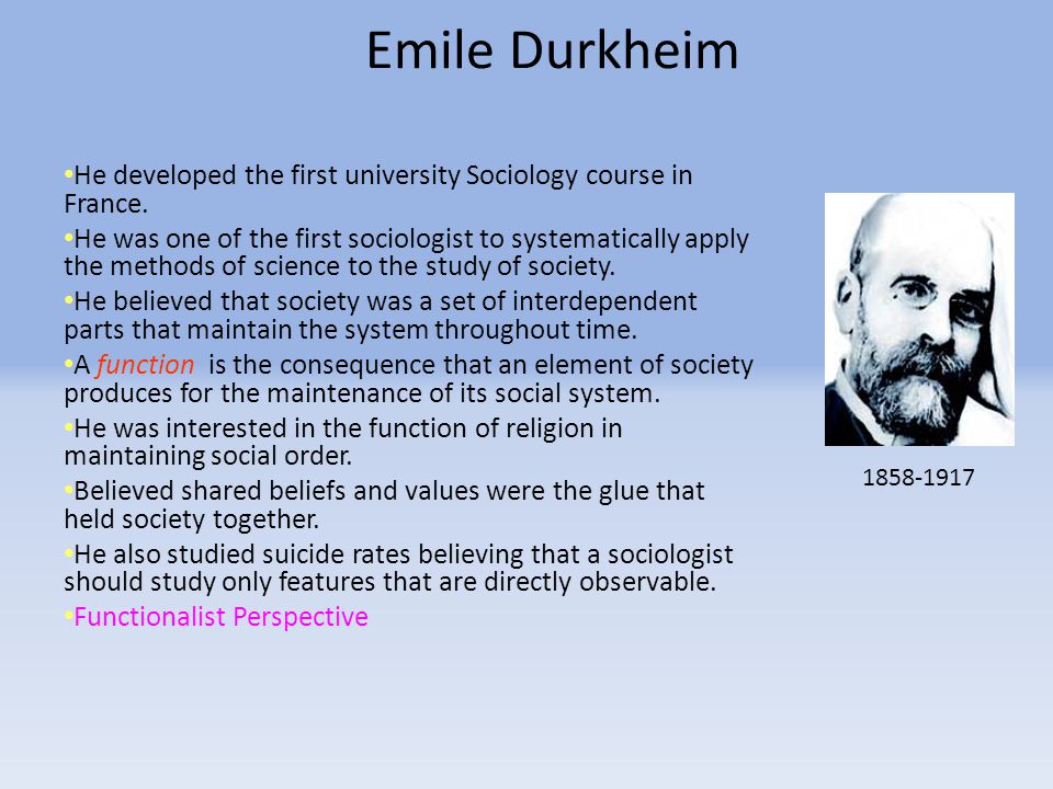 Emile Durkheim He developed the first university Sociology course in France.