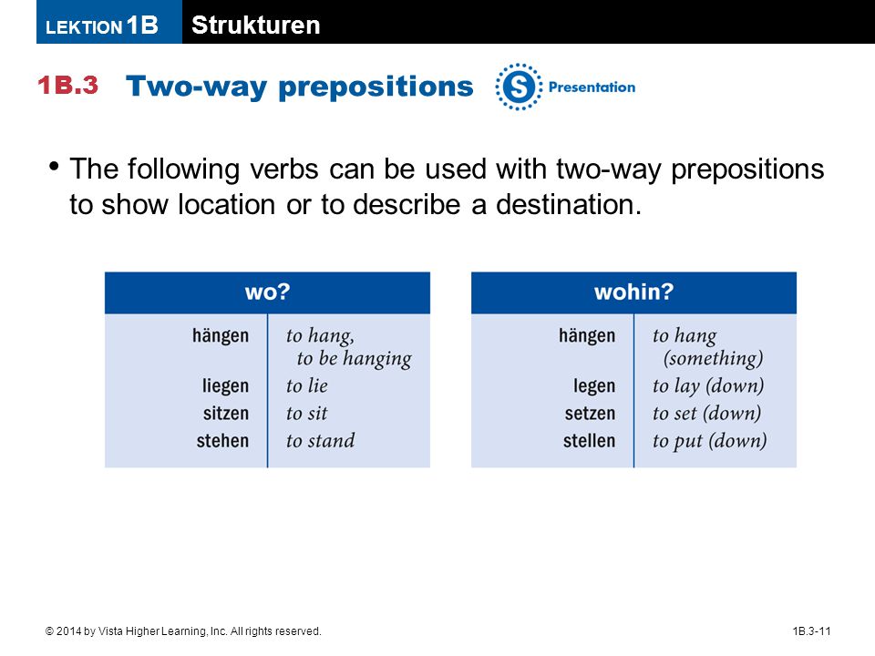 Two-way prepositions The following verbs can be used with two-way prepositions to show location or to describe a destination.
