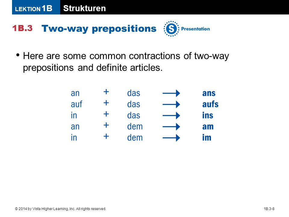 Two-way prepositions Here are some common contractions of two-way prepositions and definite articles.