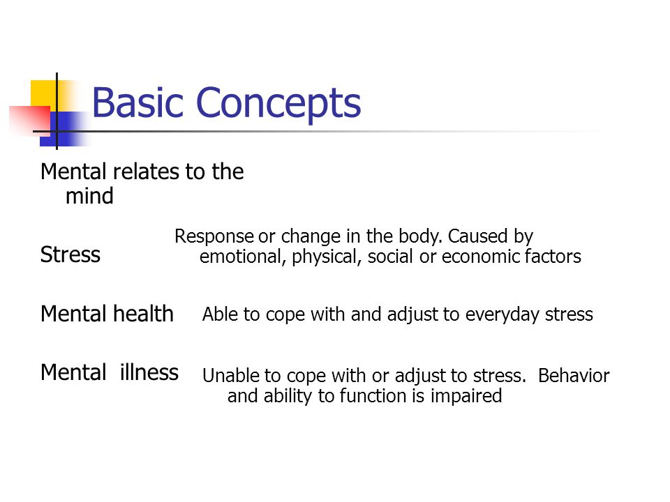 Basic Concepts Mental relates to the mind Stress Mental health