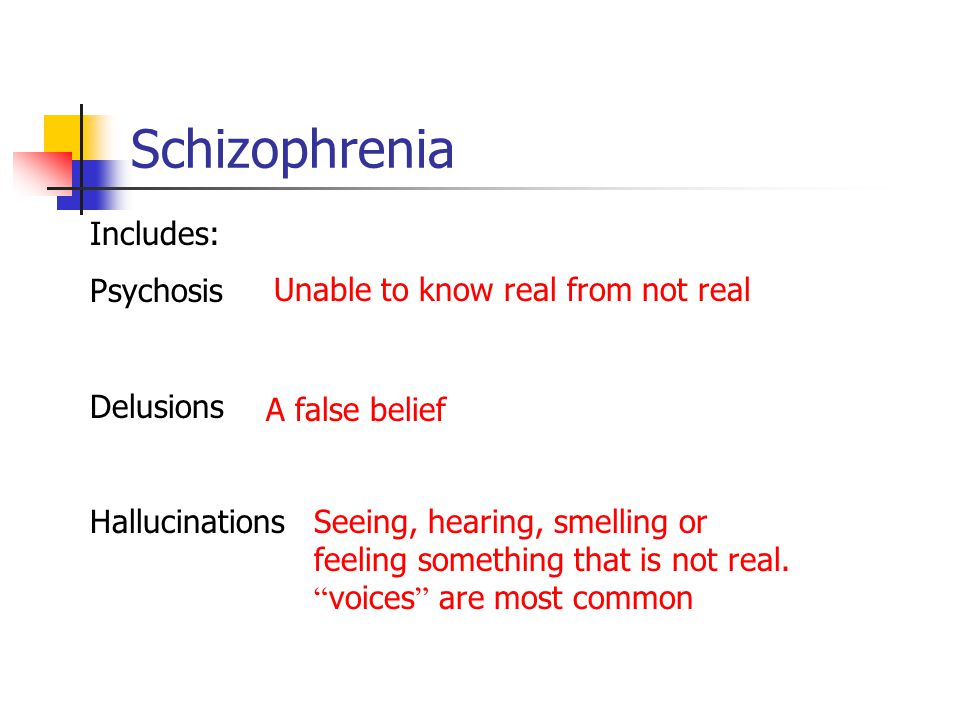 Schizophrenia Includes: Psychosis Unable to know real from not real