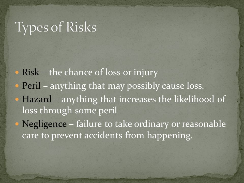 Types of Risks Risk – the chance of loss or injury