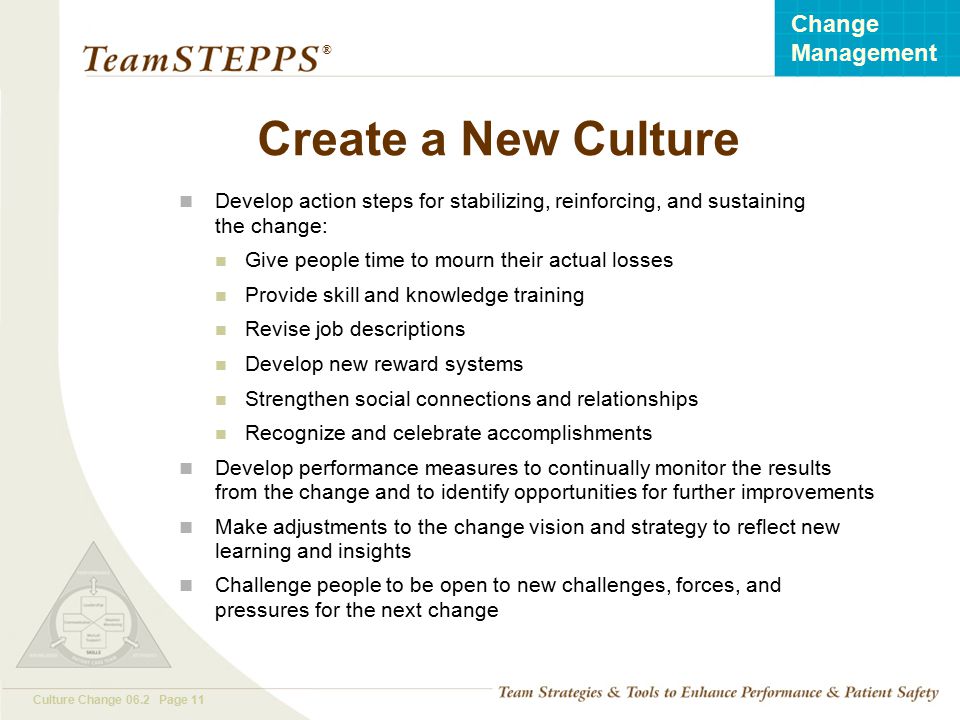 Create a New Culture Develop action steps for stabilizing, reinforcing, and sustaining the change: