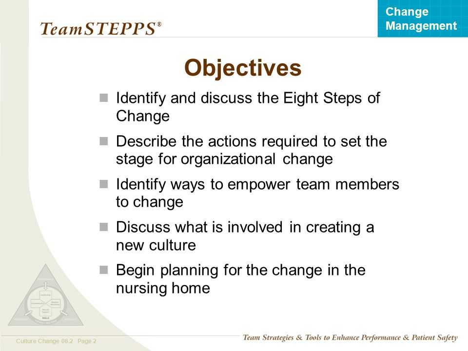 Objectives Identify and discuss the Eight Steps of Change