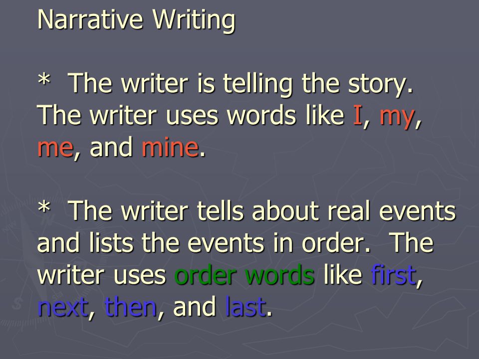 Narrative Writing. The writer is telling the story