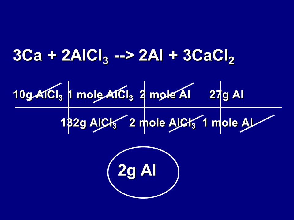 3Ca + 2AlCl3 --> 2Al + 3CaCl2 10g AlCl3 1 mole AlCl3 2 mole Al 27g Al 132g AlCl3 2 mole AlCl3 1 mole Al