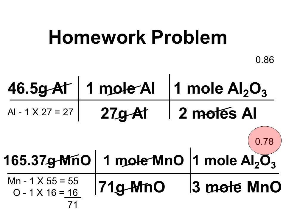 Homework Problem 46.5g Al 1 mole Al 1 mole Al2O3 27g Al 2 moles Al