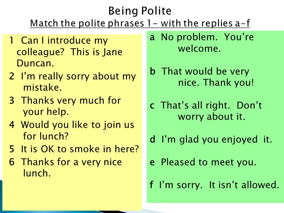 Being Polite Match the polite phrases 1- with the replies a-f.
