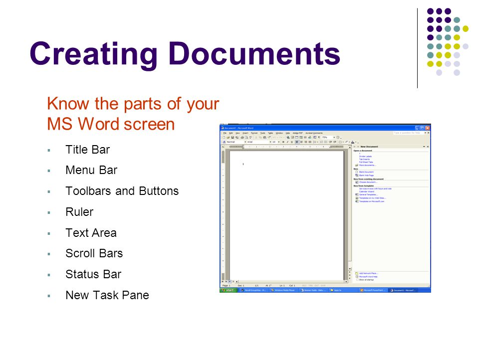 Creating Documents Know the parts of your MS Word screen Title Bar