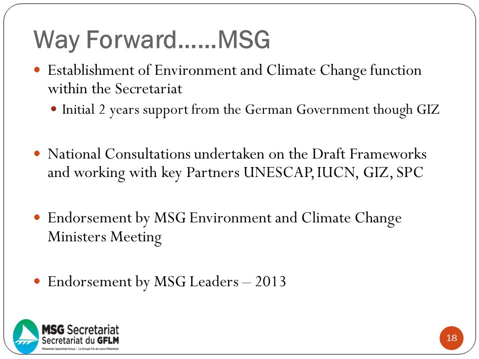 Way Forward……MSG Establishment of Environment and Climate Change function within the Secretariat.