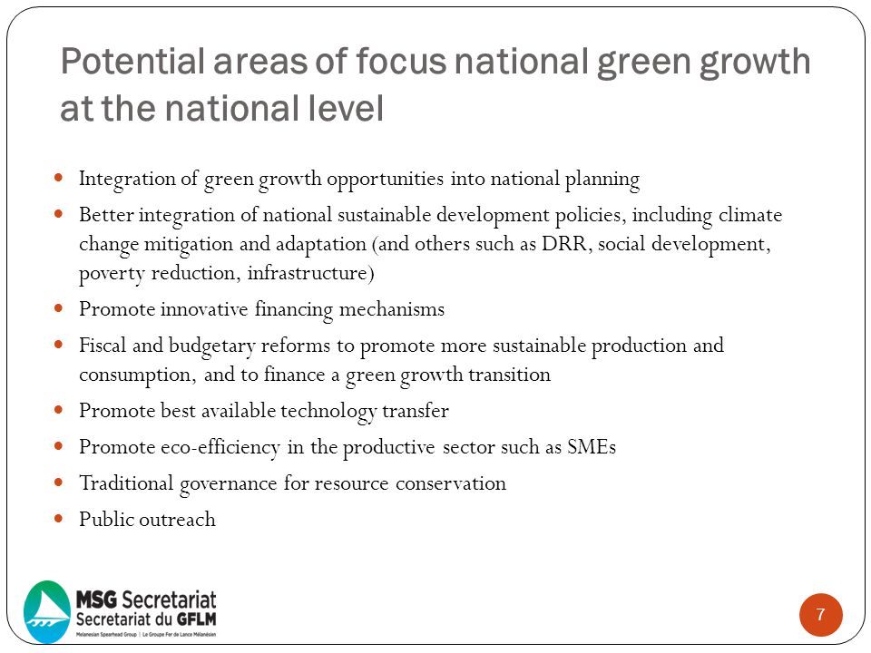 Potential areas of focus national green growth at the national level