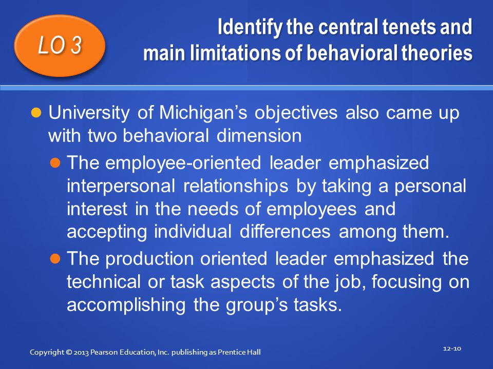 Identify the central tenets and main limitations of behavioral theories