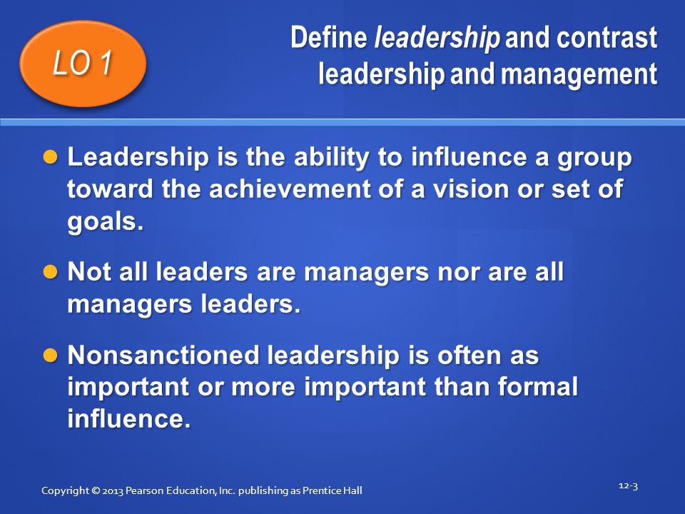 Define leadership and contrast leadership and management