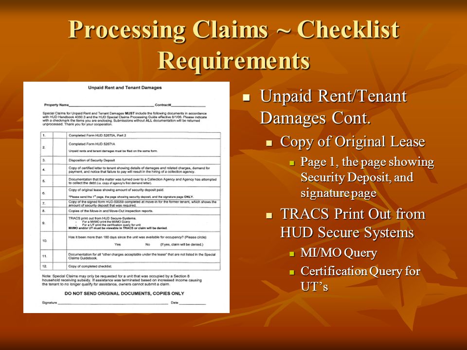 Processing Claims ~ Checklist Requirements