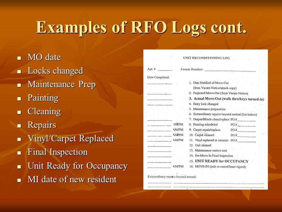 Examples of RFO Logs cont.