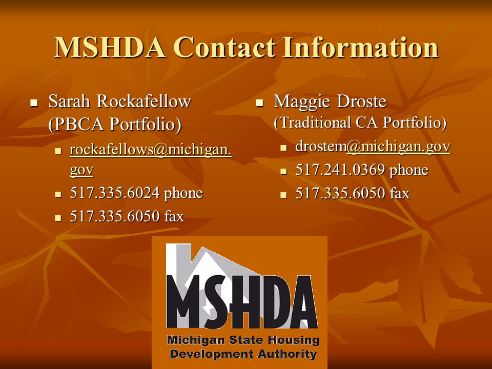 MSHDA Contact Information Sarah Rockafellow (PBCA Portfolio) phone.