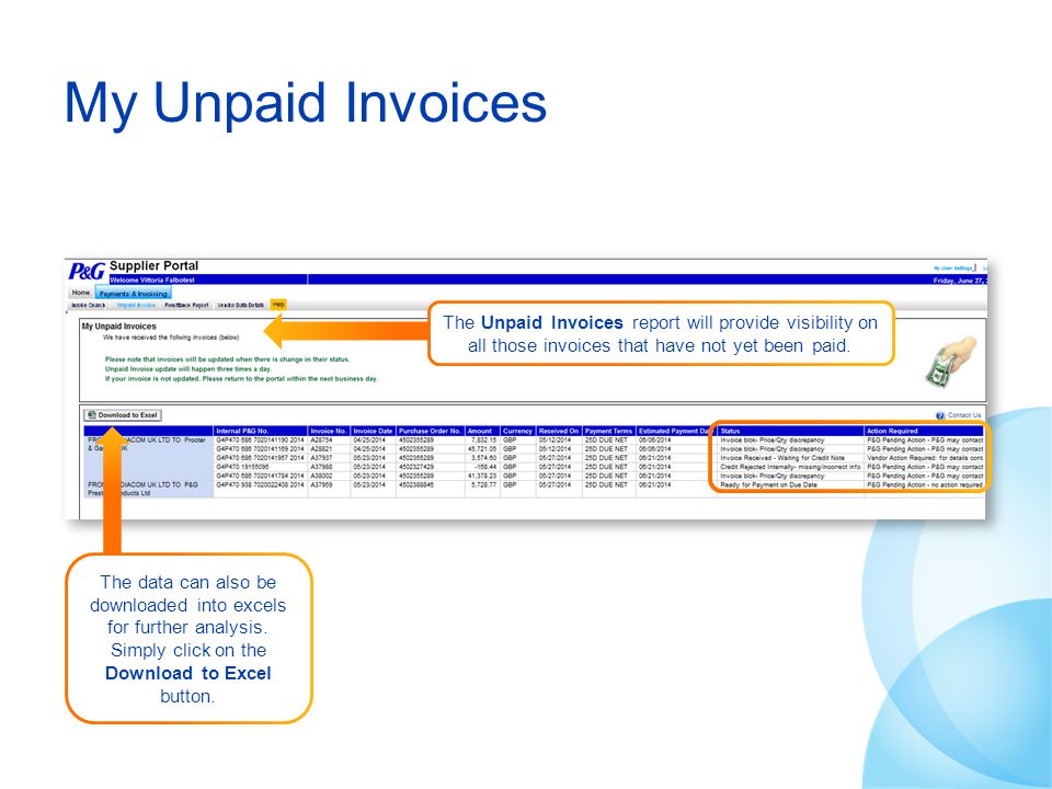 My Unpaid Invoices The Unpaid Invoices report will provide visibility on all those invoices that have not yet been paid.