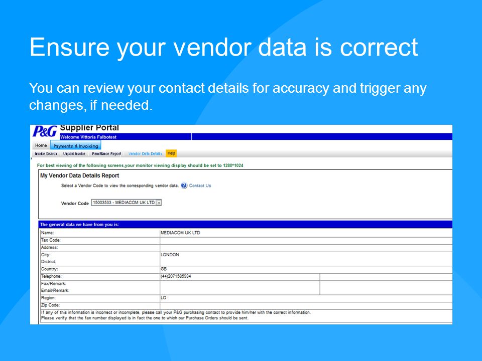 Ensure your vendor data is correct