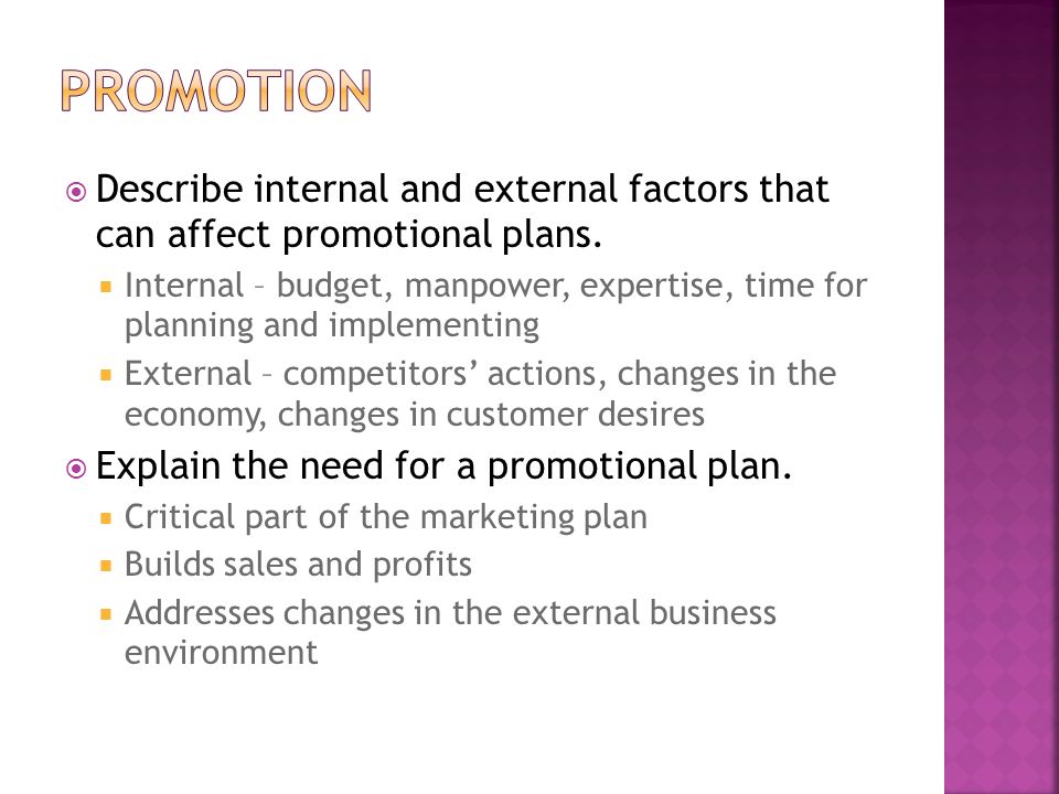 Promotion Describe internal and external factors that can affect promotional plans.