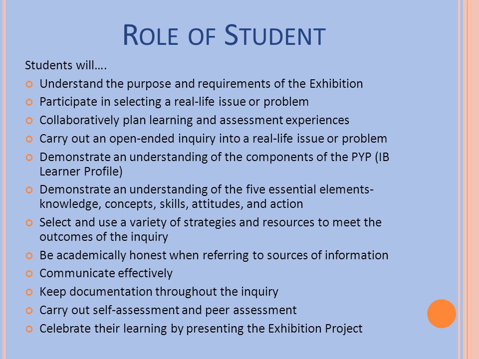 Role of Student Students will….