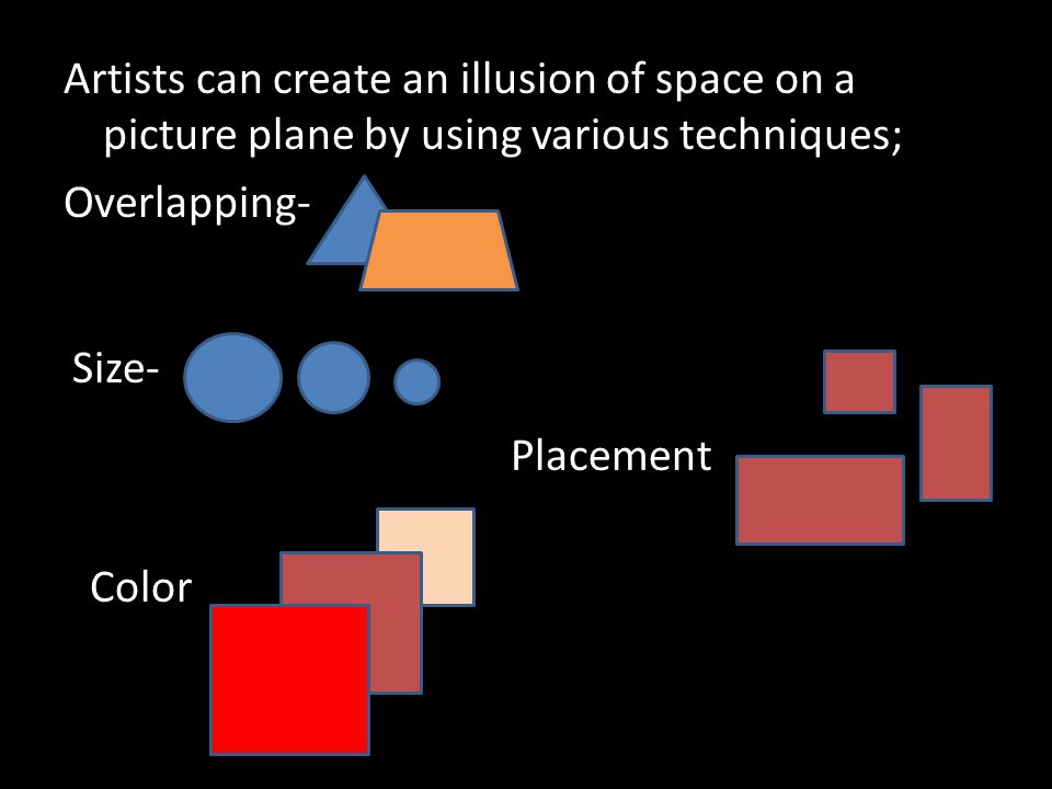 Artists can create an illusion of space on a picture plane by using various techniques; Overlapping-