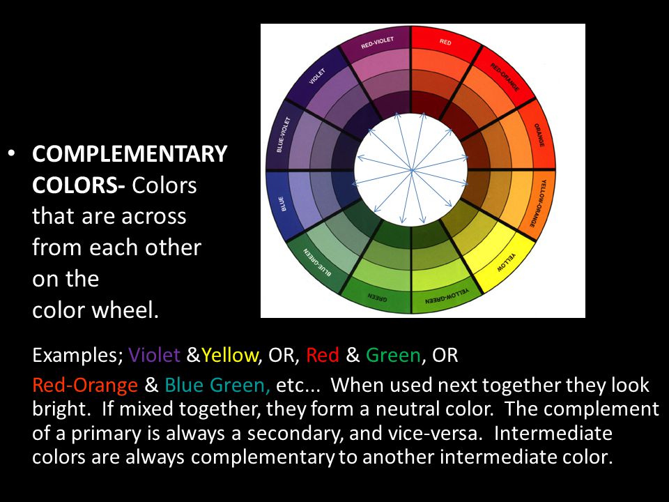 COMPLEMENTARY COLORS- Colors that are across from each other on the