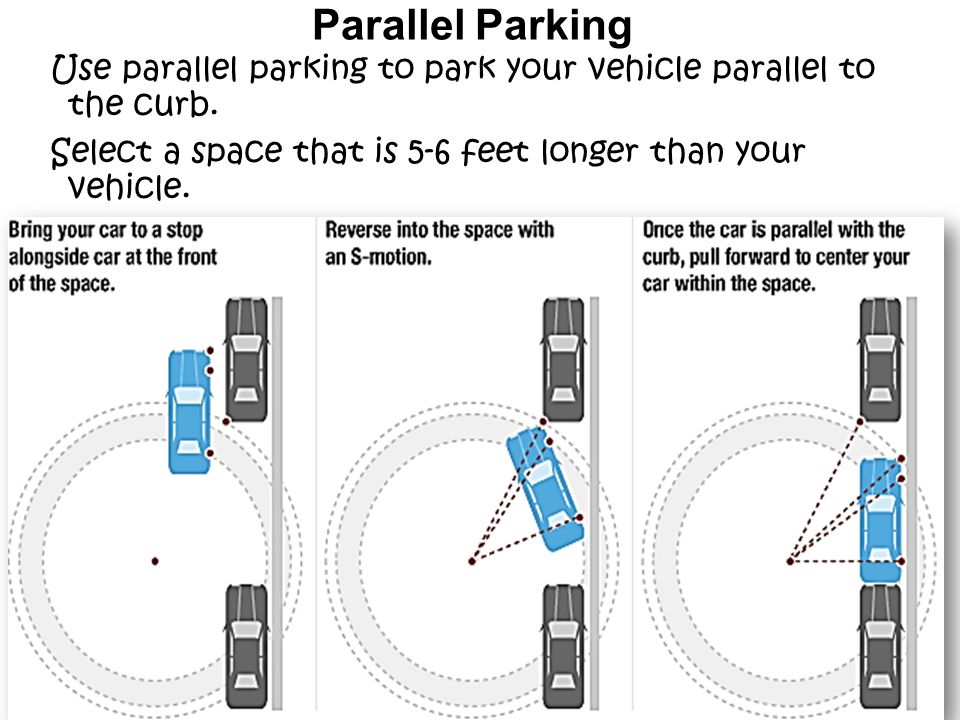 Parallel Parking Use parallel parking to park your vehicle parallel to the curb.