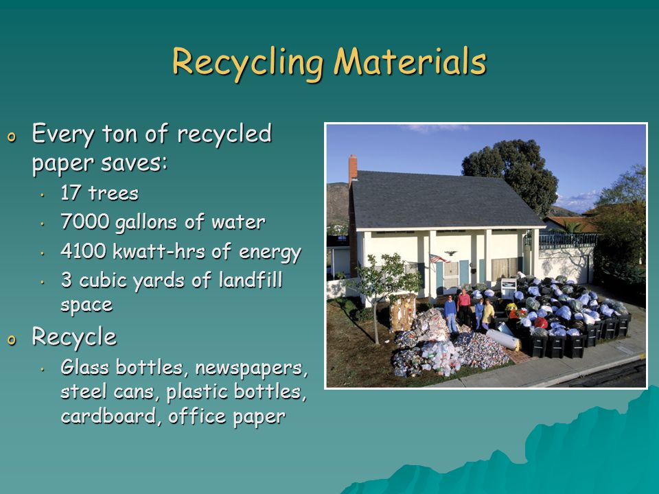 Recycling Materials Every ton of recycled paper saves: Recycle