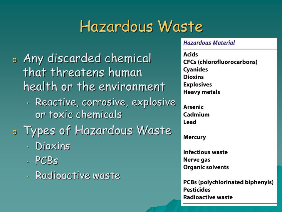 Hazardous Waste Any discarded chemical that threatens human health or the environment. Reactive, corrosive, explosive or toxic chemicals.