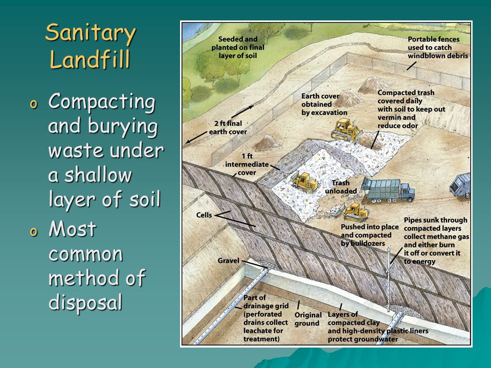 Sanitary Landfill Compacting and burying waste under a shallow layer of soil.