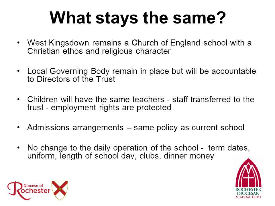 What stays the same West Kingsdown remains a Church of England school with a Christian ethos and religious character.
