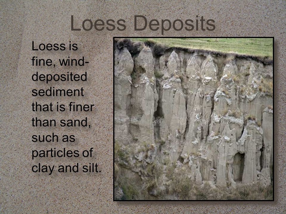 Loess Deposits Loess is fine, wind-deposited sediment that is finer than sand, such as particles of clay and silt.