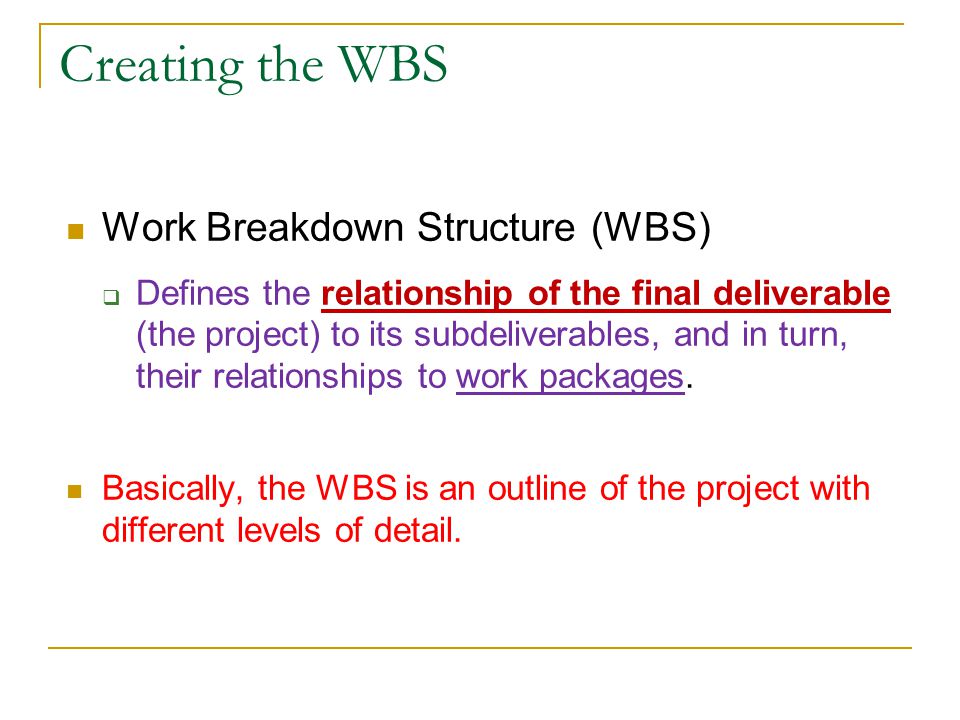 Creating the WBS Work Breakdown Structure (WBS)