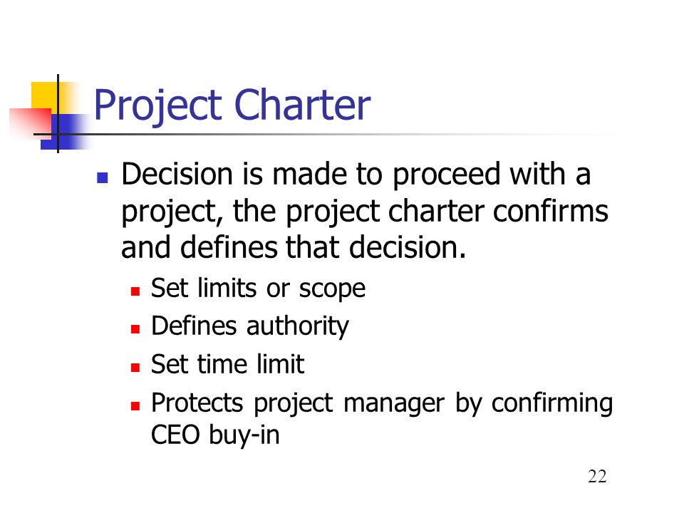 Project Charter Decision is made to proceed with a project, the project charter confirms and defines that decision.